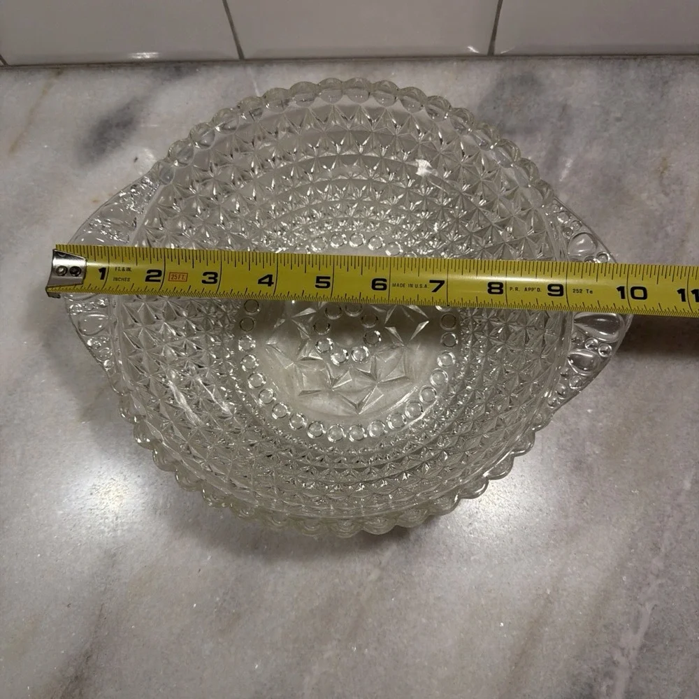 Hobnail Pressed Clear Glass Bowl Handled Scalloped Edge Diamond Vintage OLA05